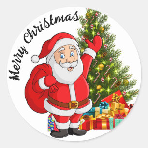 Santa Claus Merry Christmas Tree & Gifts Classic Round Sticker