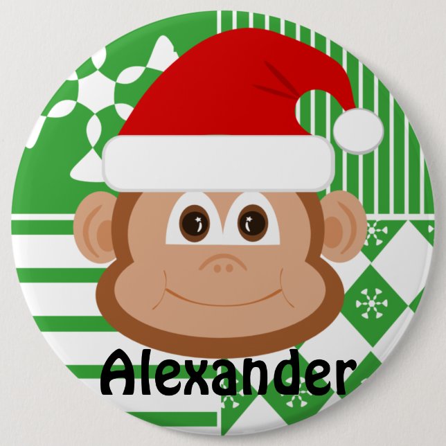 Santa Claus Monkey Personalised Stocking Button (Front)