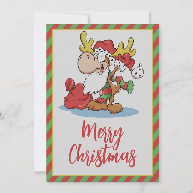 Santa Claus Moose Cartoon Illustration Holiday Card (Front)