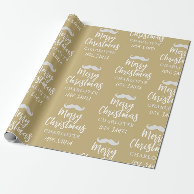 Santa Claus Moustache Personalised Gold Christmas Wrapping Paper (Unrolled)