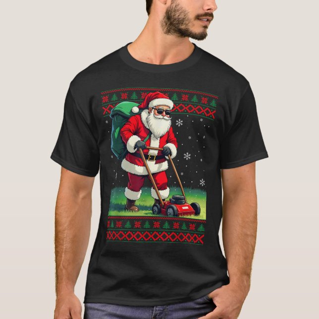 Santa Claus Mowing Lawn Ugly Christmas Holiday Boy T-Shirt (Front)