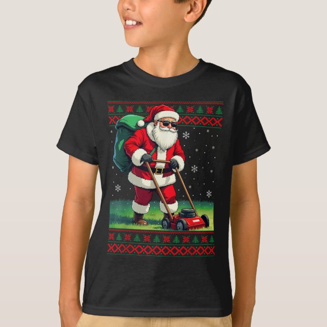Santa Claus Mowing Lawn Ugly Christmas Holiday Boy T-Shirt (Front)