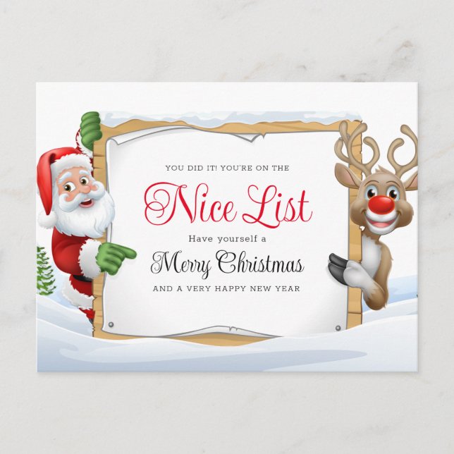 Santa Claus Nice List And A Red Nose Reindeer Xmas Holiday Postcard (Front)