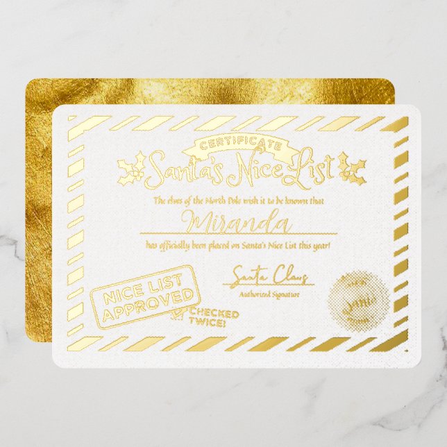 Santa Claus Nice List Certificate Custom Gold (Front/Back)