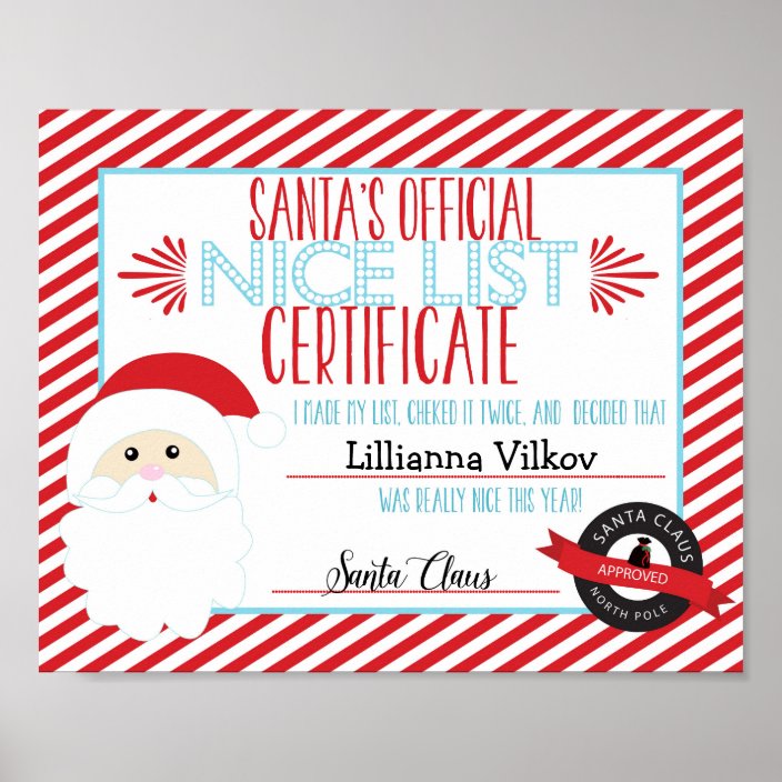 Santa Claus Nice List Personalised Certificate Poster | Zazzle.co.uk