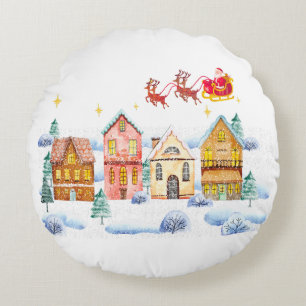 Santa Claus North Pole Christmas Village Round Cushion