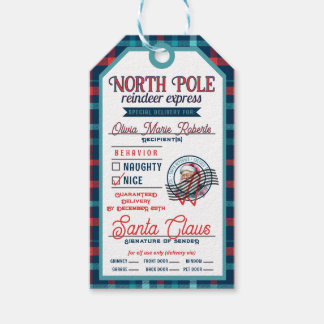 Santa Claus North Pole Pink & Blue Plaid Christmas Gift Tags