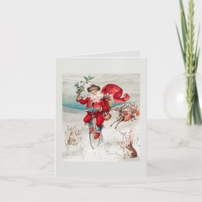 Santa Claus on a Bike Vintage Christmas Card (Front)