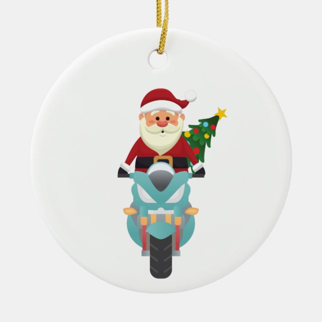 Santa claus on a motorbike ceramic tree decoration (Front)