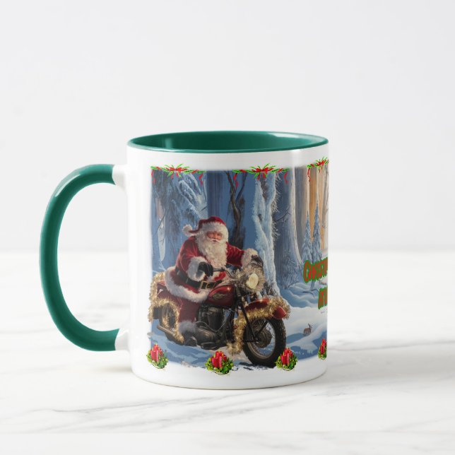 Santa Claus on a Motorcycle on a Ceramic Coffee Mug (Left)