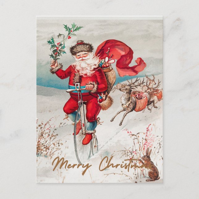 Santa Claus on a penny farthing with reindeer Holiday Postcard (Front)