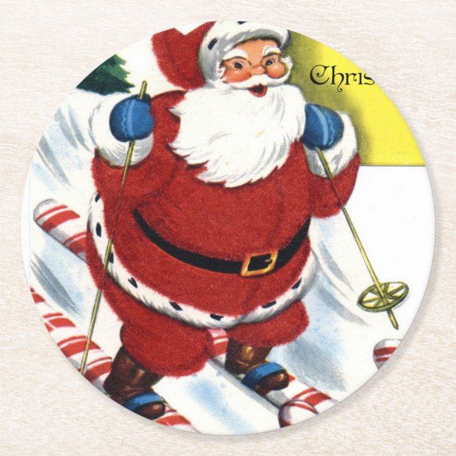 Santa Claus on Candy Cane Skis Christmas Round Paper Coaster (Front)
