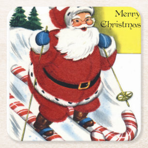 Santa Claus on Candy Cane Skis Christmas Square Paper Coaster