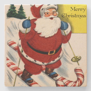 Santa Claus on Candy Cane Skis Christmas Stone Coaster