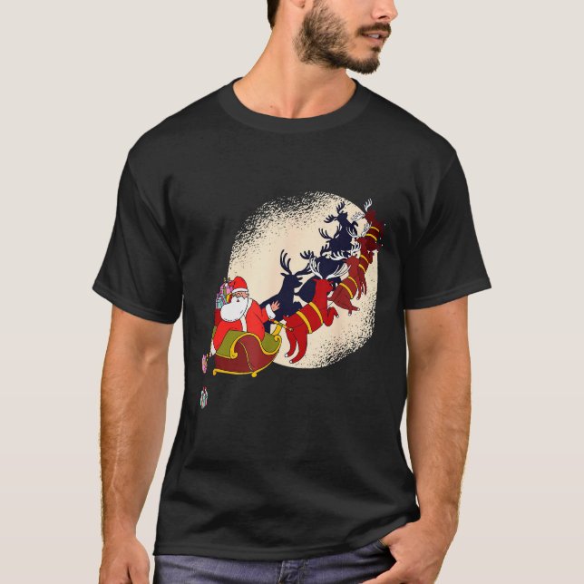 Santa Claus On Christmas Sleigh Pulled By Reindeer T-Shirt (Front)