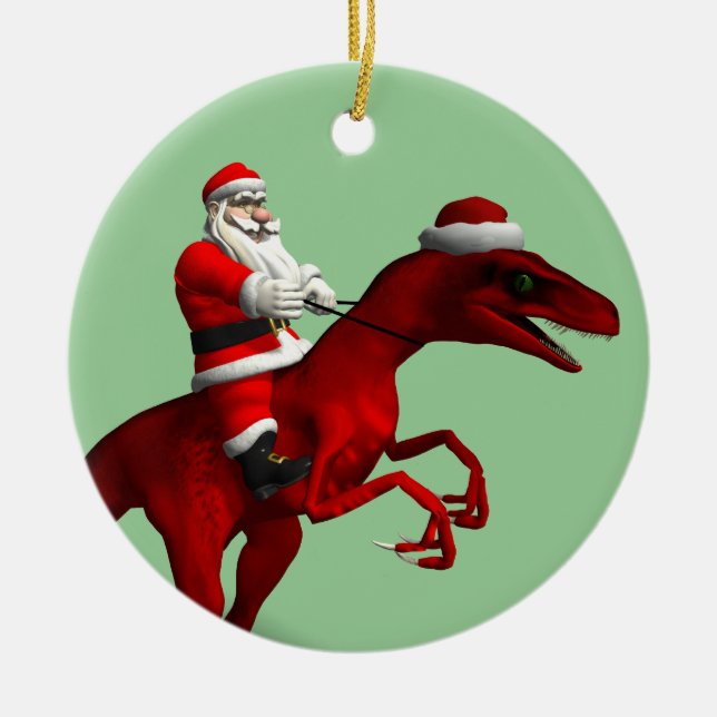 Santa Claus On Dinosaur Ceramic Tree Decoration (Front)