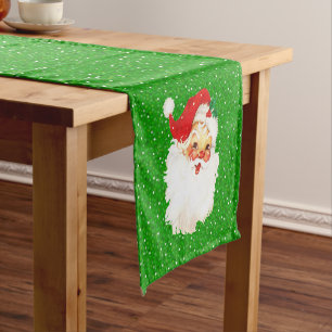 Santa Claus on Festive Glittering Green Confetti Short Table Runner