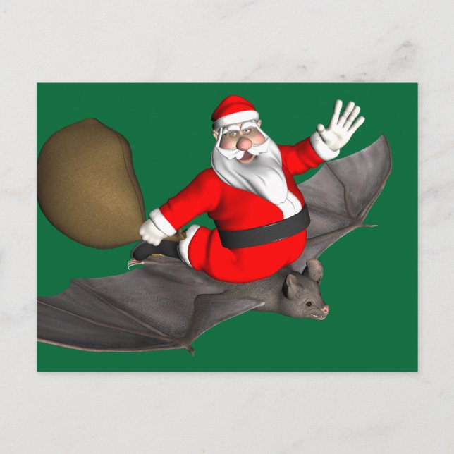 Santa Claus On Flying Bat Holiday Postcard (Front)