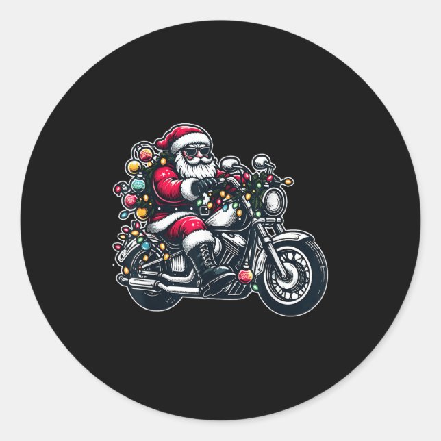 Santa Claus On Motorcycle Funny Biker Christmas Xm Classic Round Sticker (Front)