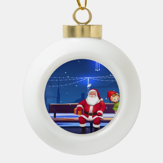 Santa Claus on Park bench Ceramic Ball Christmas Ornament (Front)