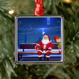 Santa Claus on Park bench Metal Tree Decoration