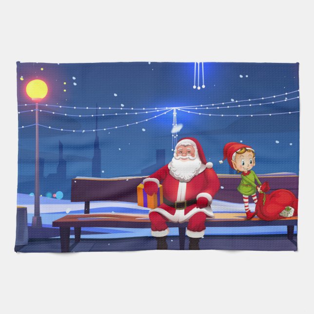 Santa Claus on Park bench Tea Towel (Horizontal)