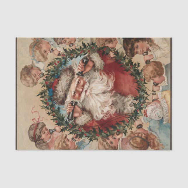 Santa Claus on Phones Surrounded by Children       Tissue Paper (Front)