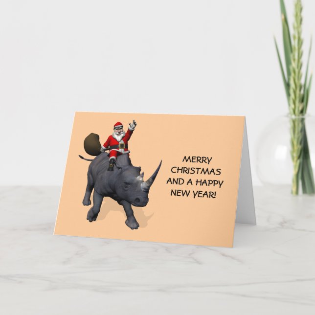 Santa Claus On Rhino Rhinoceros Holiday Card (Front)