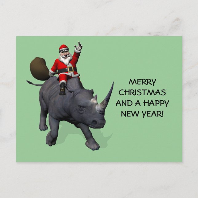 Santa Claus On Rhino Rhinoceros Holiday Postcard (Front)