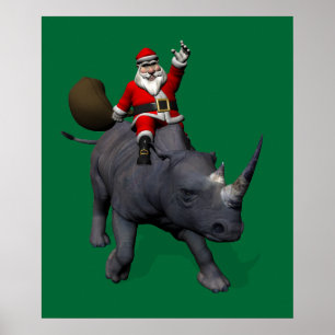 Santa Claus On Rhino Rhinoceros Poster