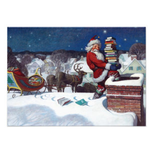 Santa Claus on Roof, Delivering Christmas Books Photo Print