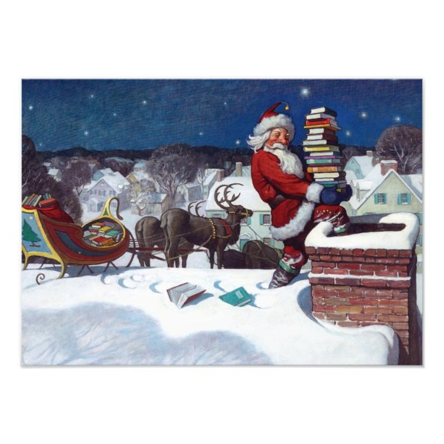 Santa Claus on Roof, Delivering Christmas Books Photo Print (Front)