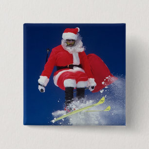 Santa Claus on skis jumping off a cornice at 15 Cm Square Badge