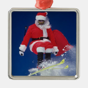 Santa Claus on skis jumping off a cornice at Metal Tree Decoration