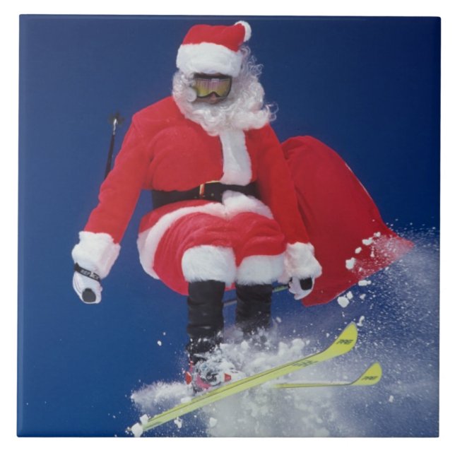Santa Claus on skis jumping off a cornice at Tile (Front)