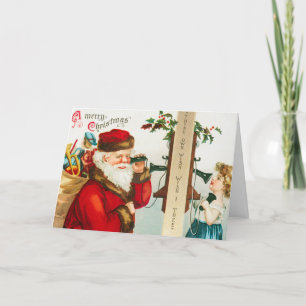 Santa Claus on string phones listening to Child Holiday Card