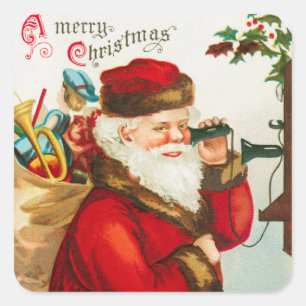 Santa Claus on string phones listening to Child Square Sticker