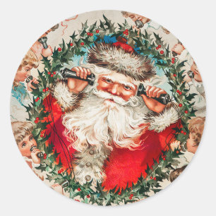 Santa Claus on string phones listening to children Classic Round Sticker