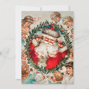 Santa Claus on string phones listening to children Holiday Card