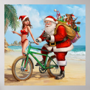 Santa Claus on the beach, Merry Christmas! Poster