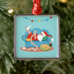 Santa Claus on the couch in pajamas Metal Tree Decoration