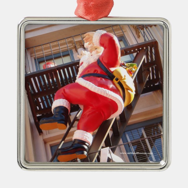 Santa Claus on the Fire Escape Metal Tree Decoration (Front)