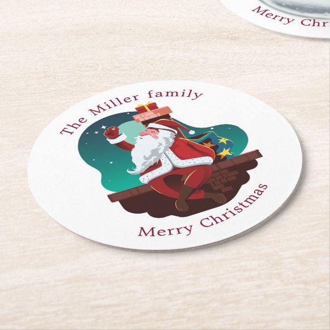 santa claus on the roof merry christmas monogram round paper coaster (Angled)