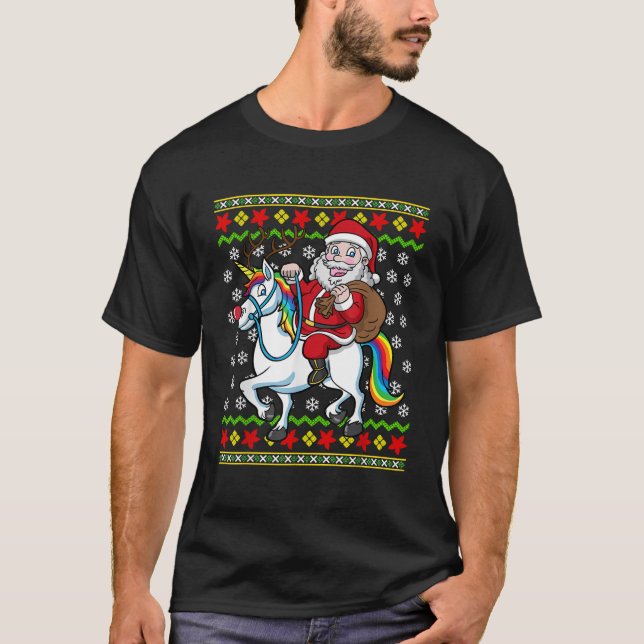 Santa Claus On Unicorn Ugly Christmas Holiday Kids T-Shirt (Front)