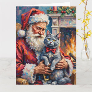 Santa Claus Oriental Blue Cat Christmas Art Card