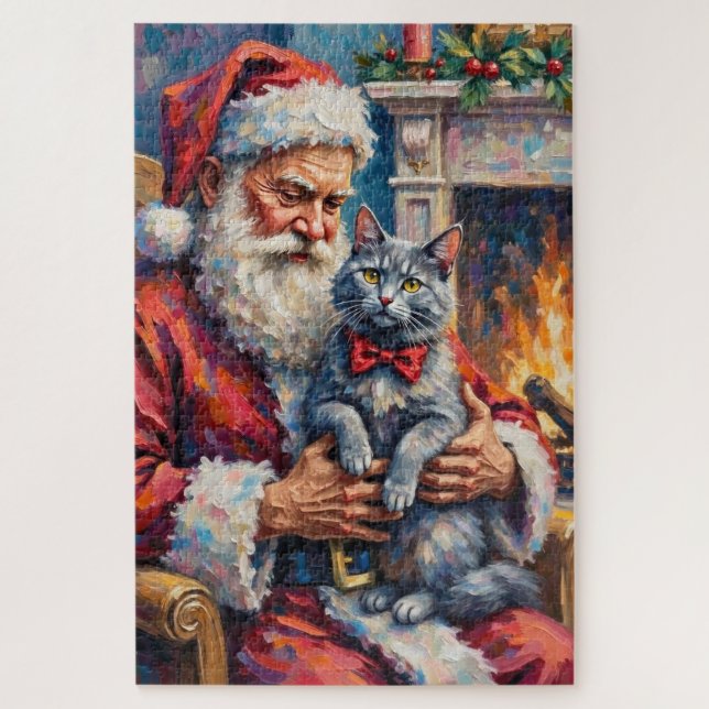 Santa Claus Oriental Blue Cat Christmas Art Jigsaw Puzzle (Vertical)