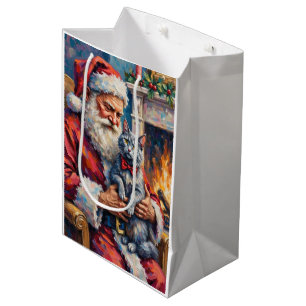 Santa Claus Oriental Blue Cat Christmas Art Medium Gift Bag