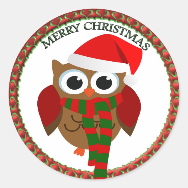 Santa Claus Owl with a red and white scarf and hat Classic Round Sticker (Front)