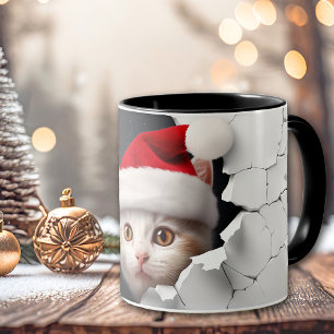 Santa Claus Peeking Cat Cracked Wall Mug