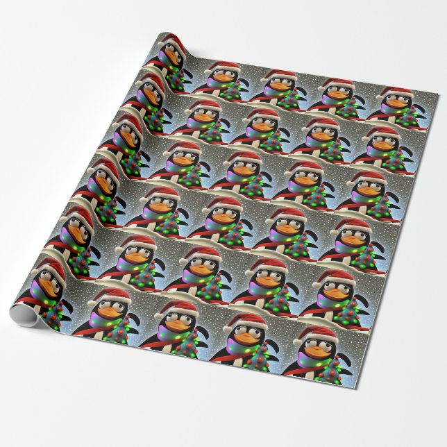 Santa Claus Penguin Pattern Wrapping Paper (Unrolled)